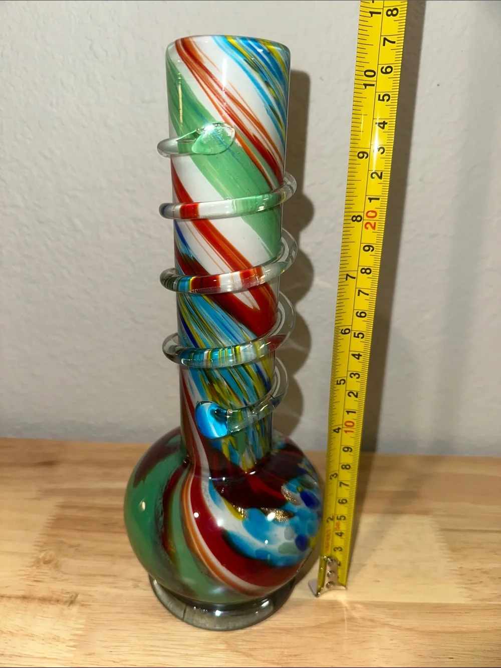 VTG Hand-Blown Art Glass Rainbow Swirl Bubble Base Vase Coiled Neck Funk